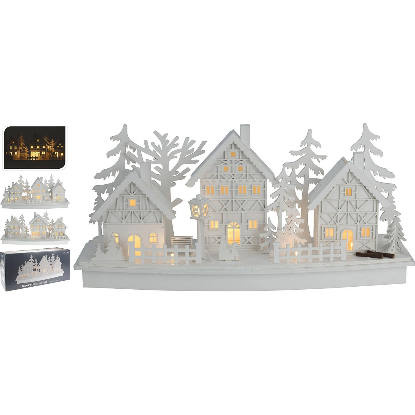 Villaggio Legno Bianco Con Luci 45cm 3 Villaggio Legno Bianco Con Luci 45cm