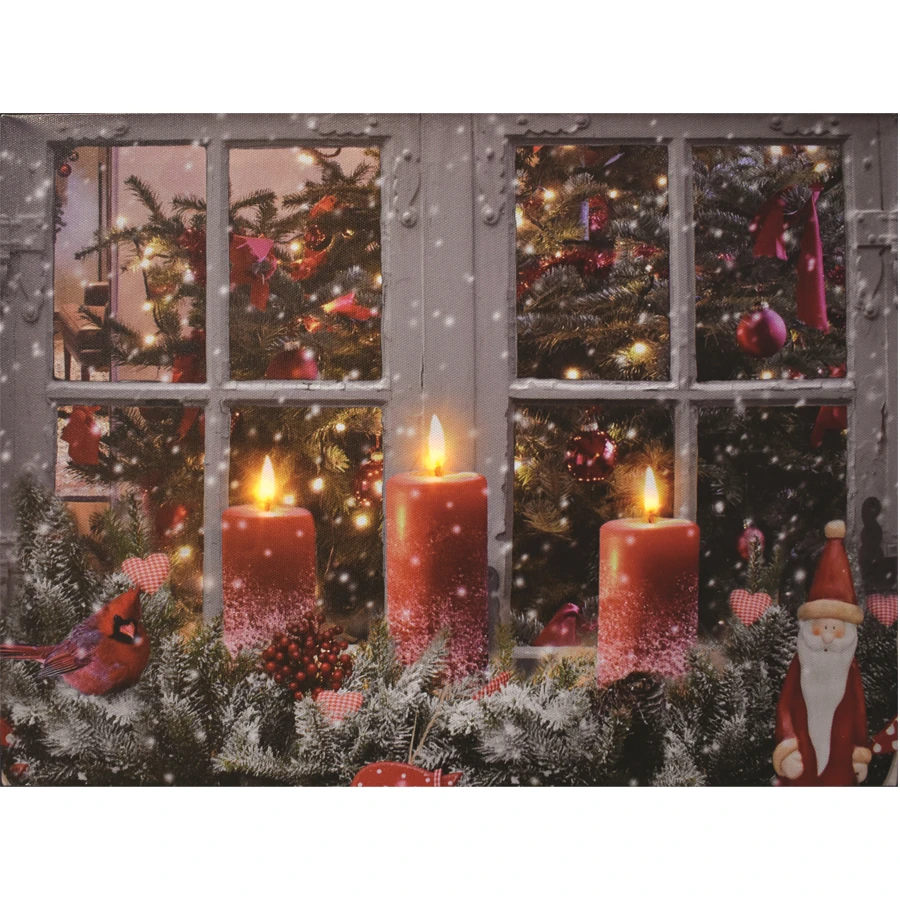 Quadro Natalizio 3 Candele Su Finestra E Neve LED A Batteria 3 Quadro Natalizio 3 Candele Su Finestra E Neve LED A Batteria